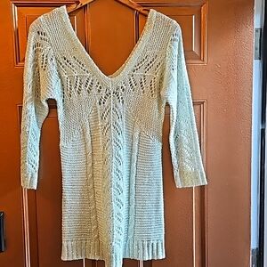 Studio Y Pale Green Open Weave Cable Knit Light SparkleTunic 3/4 Sleeve Sweater